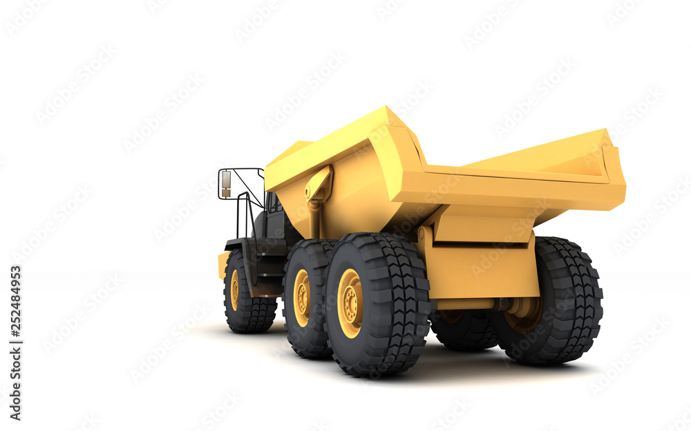 Yellow powerful articulated dumper truck isolated on white background. Rear side view. Perspective. Low angle. Left side.