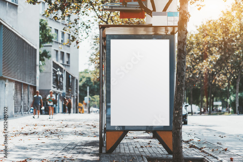 Photography A city bus stop with the clean placeholder template; advertising empty poster mo