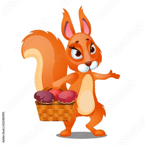 Red squirrel carries a wicker basket filled with mushrooms isolated on white background. Vector cartoon close-up illustration.