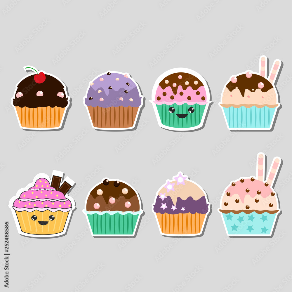 Set of yummy cake sticker, muffin isolated on background. Colorful sweet homemade bakery with cherry, chocolate. Tasty cupcake. Party, celebration concept. Vector flat design