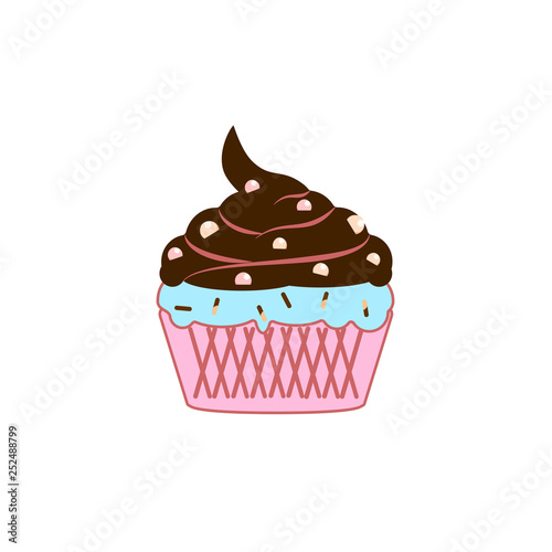 Yummy cake  muffin isolated on white background. Colorful sweet homemade bakery with cherry  chocolate. Tasty cupcake. Party  celebration concept. Vector flat design