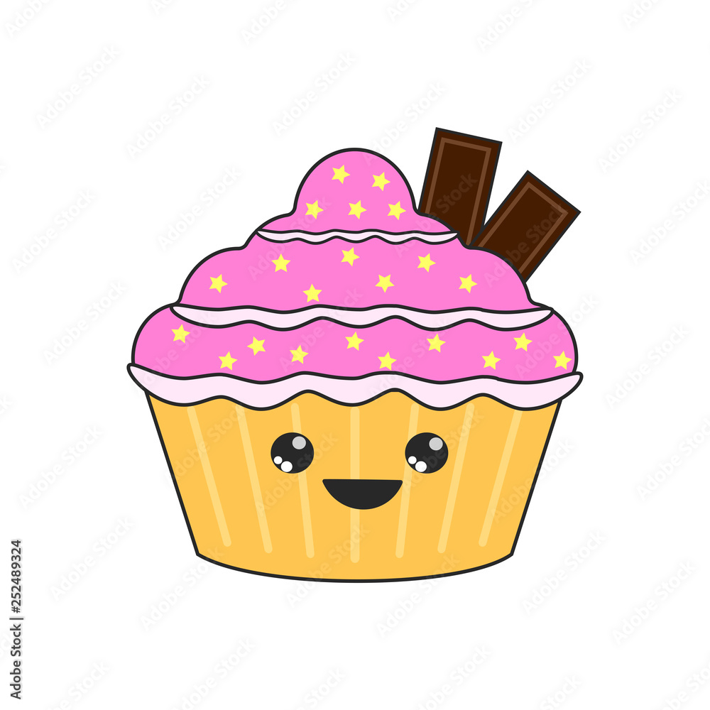 Yummy kawaii cake, muffin isolated on white background. Funny character face. Colourful sweet homemade bakery. Tasty cupcake with fruits. Party, celebration concept. Vector flat design Yummy kawaii cake, muffin isolated on white background. Funny character face. Colourful sweet homemade bakery. Tasty cupcake with fruits. Party, celebration concept. Vector flat design