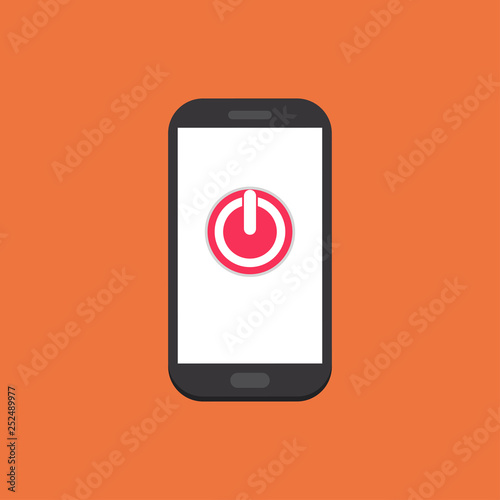 Mobile phone, smartphone with switch off button. Start cellphone. Technology concept. Vector flat design