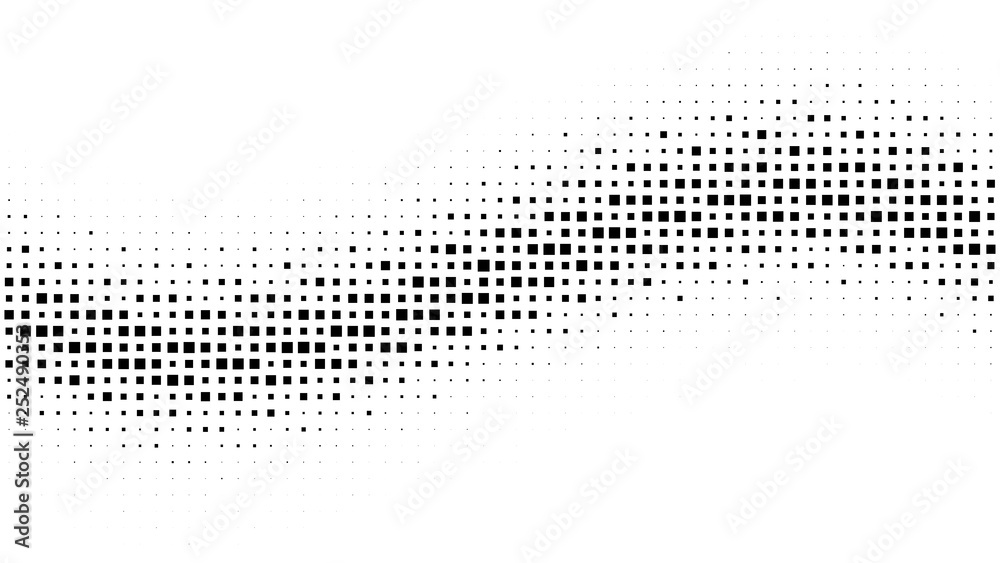 Halftone gradient pattern. Abstract halftone square dots background. Monochrome dots pattern. Pop Art, Comic small dots. Wavy twisted strip. Banner with space. Design for presentation, flyer, card