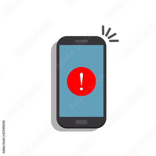Alert notification with exclamation sign on phone screen. Important reminder isolated on background. Telephone technology. Vector flat design