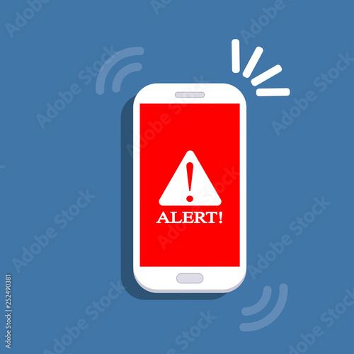 Alert notification with exclamation sign on phone screen. Important reminder isolated on background. Telephone technology. Vector flat design