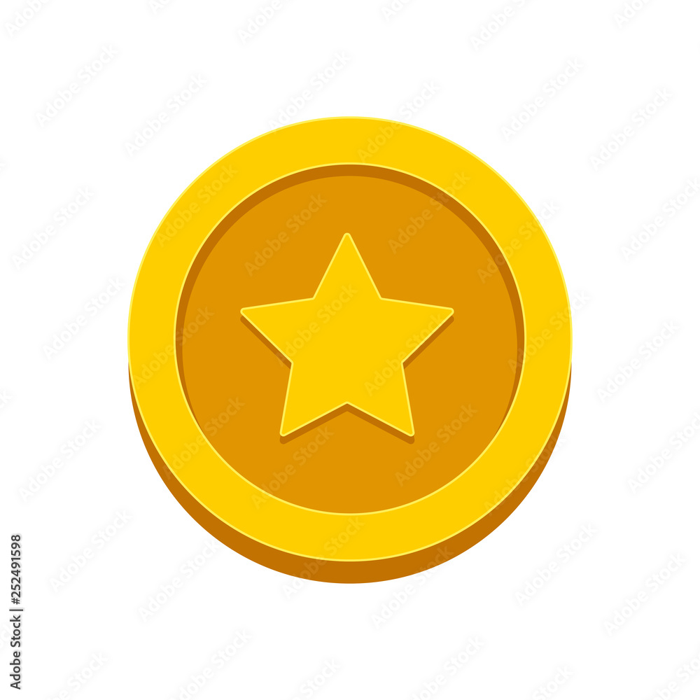 Gold coin with star isolated on background. Lucky sign. Vector flat illustration Gold coin with star isolated on background. Lucky sign. Vector flat illustration