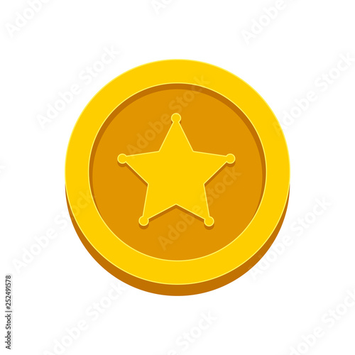 Gold coin with star isolated on background. Lucky sign. Vector flat illustration