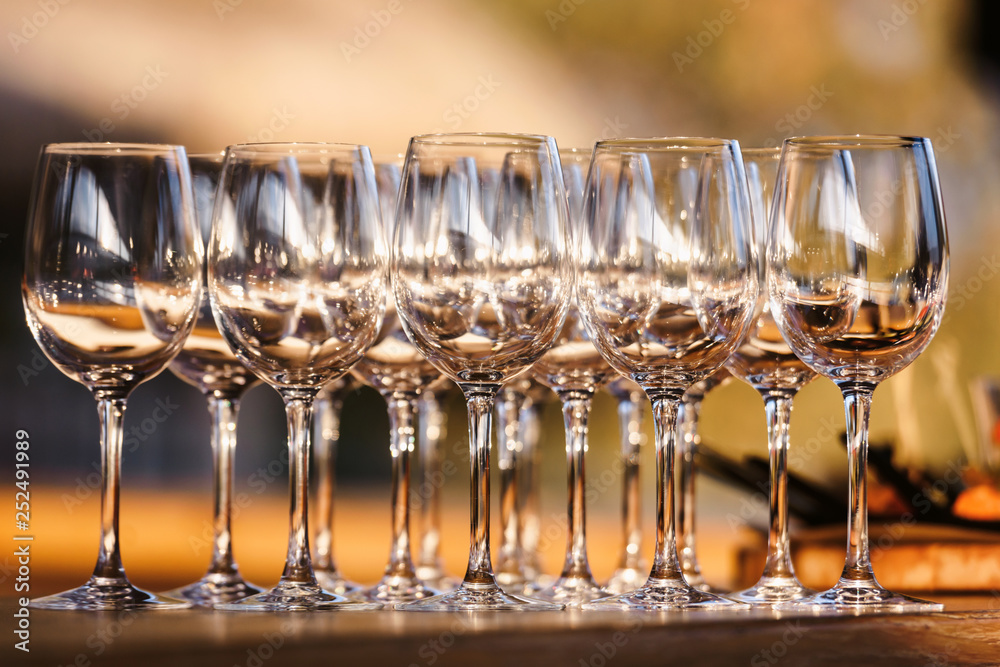 Glasses with champagne or wine at the event. Catering concept