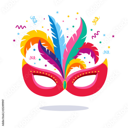 Fototapeta Naklejka Na Ścianę i Meble -  Carnival mask with feathers, flags, confetti. Venice festival concept. Mardi gras. Vector cartoon design