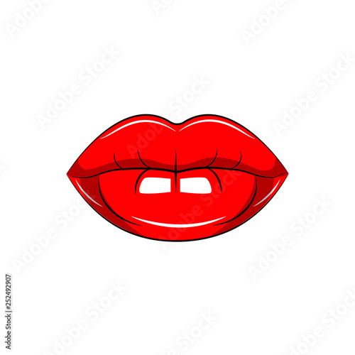 Sexy woman red lips isolated on background. Kiss. Vector caroon design