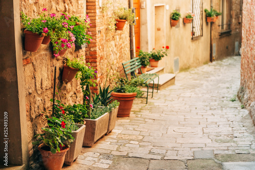 Fototapeta Naklejka Na Ścianę i Meble -  Picturesque view of small old street, imahe taken in Tuscany, Italy