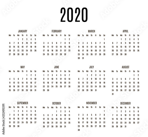 2020 year Calendar. Horizontal album orientation vector template of pocket calendar grid. Black and white mock up calendar. Week Starts Monday. Vector illustration. EPS 10