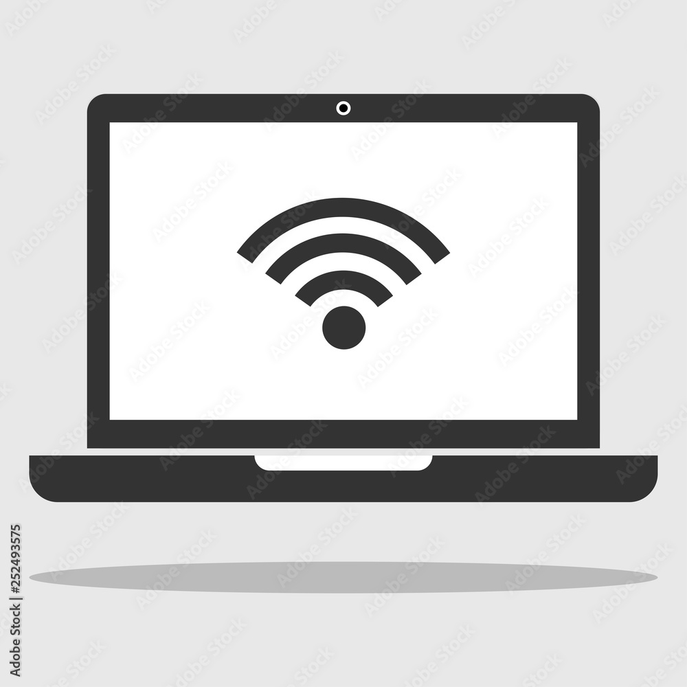 Laptop, computer with free WiFi icon isolated on background. Wireless internet connection concept. Network logo. Mobile device. Vector flat design. Laptop, computer with free WiFi icon isolated on background. Wireless internet connection concept. Network logo. Mobile device. Vector flat design.