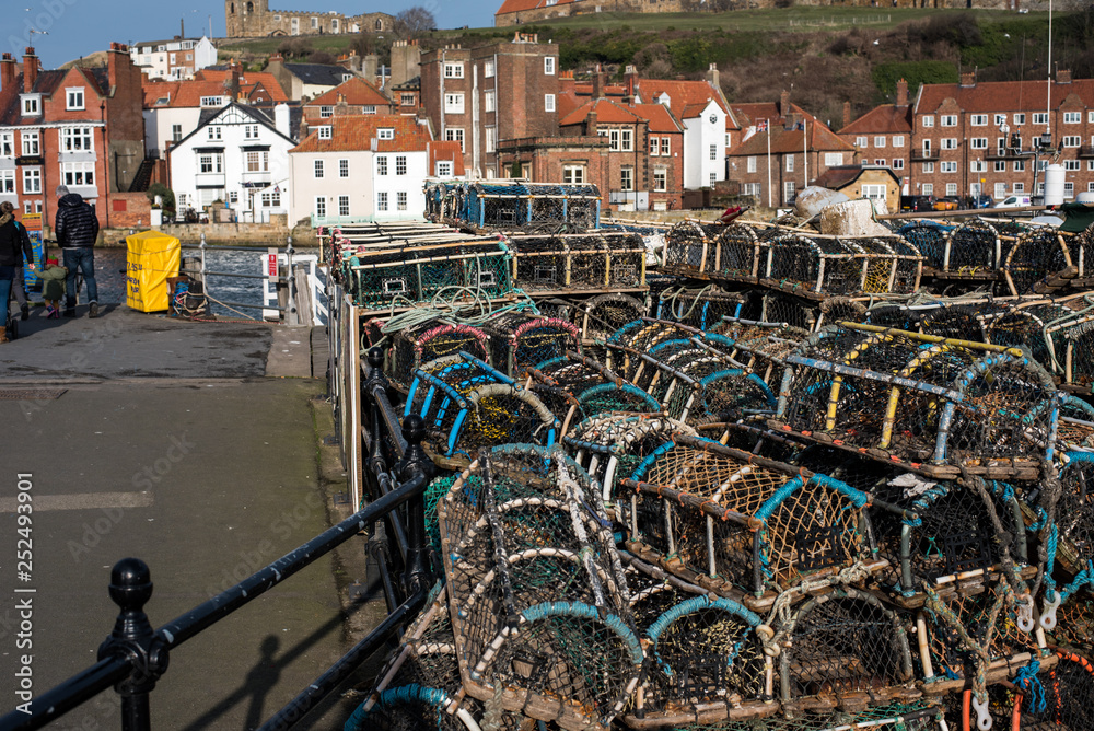 Stacked fishing creels, Whitby, England