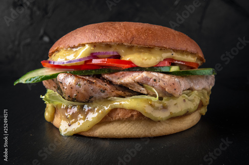 Juicy fresh delicious hamburger with grilled chicken or turkey fillet. The burger menu.