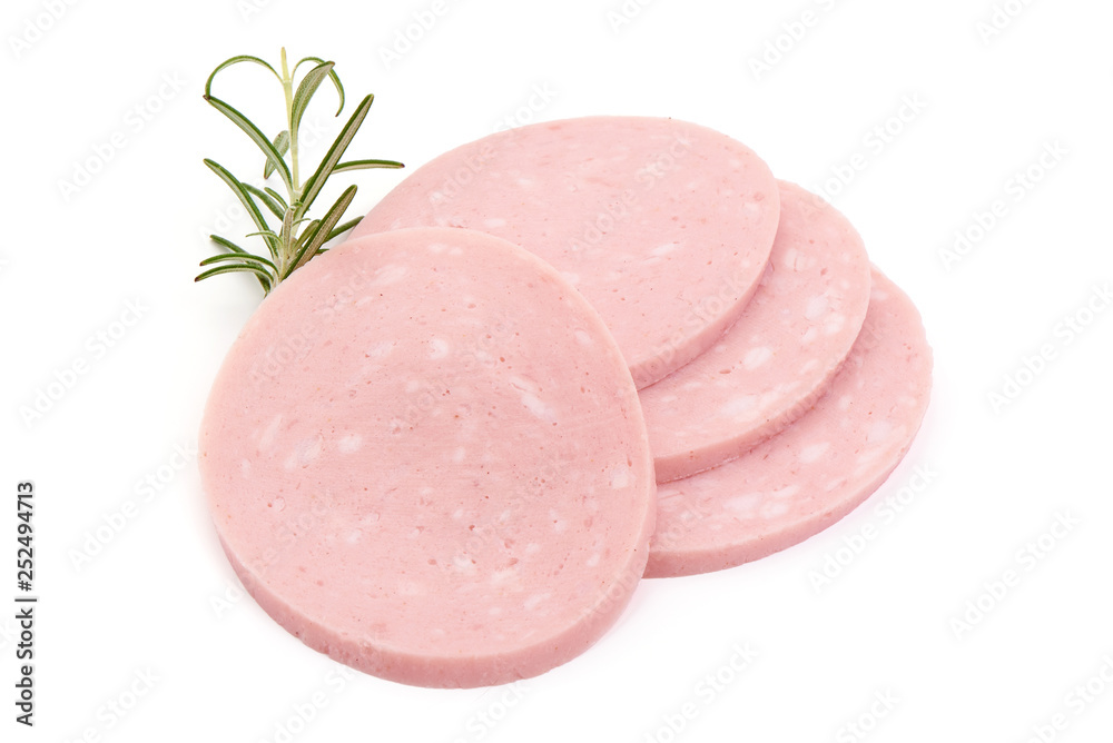 Sliced Fresh Boiled Bologna Sausage, Cooked ham with rosemary, close-up, isolated on white background