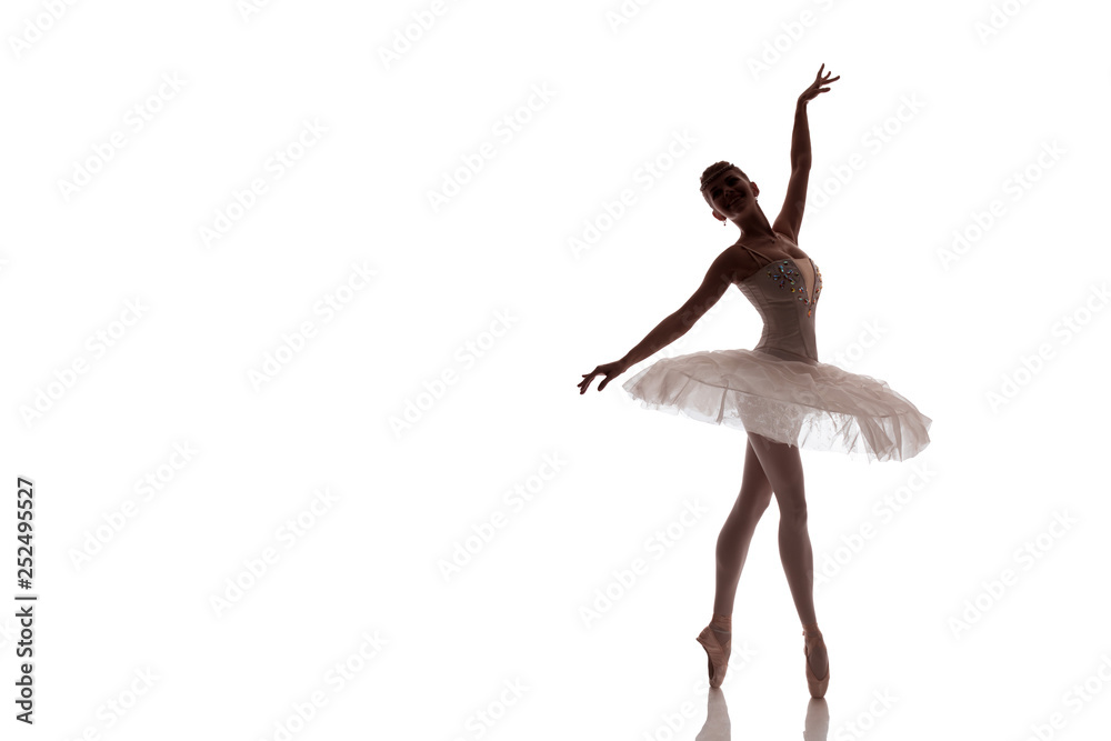 woman ballerina in white pack posing on white background photo made in the  style of "low key" Stock Photo | Adobe Stock