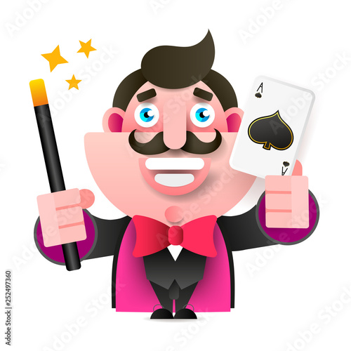 Magician With Magic Wand And Card In Hand Vector Illustration