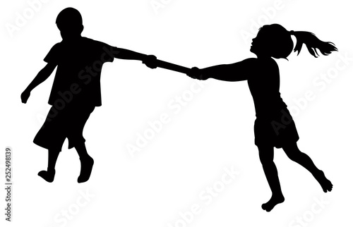 a boy and a girl playing, silhouette vector