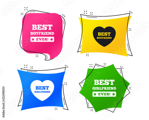 Best boyfriend and girlfriend icons. Heart love signs. Award symbol. Geometric colorful tags. Banners with flat icons. Trendy design. Vector