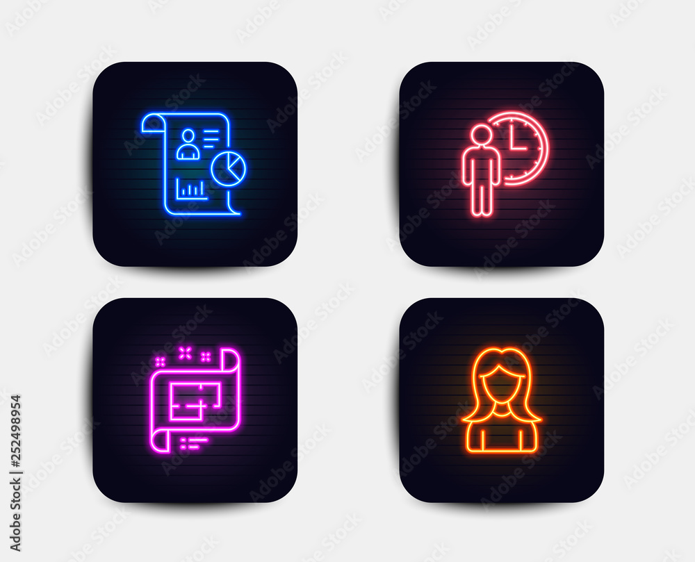 Neon set of Architectural plan, Report and Waiting icons. Woman sign. Technical project, Work statistics, Service time. Girl profile. Neon icons. Glowing light banners. Vector Neon set of Architectural plan, Report and Waiting icons. Woman sign. Technical project, Work statistics, Service time. Girl profile. Neon icons. Glowing light banners. Vector