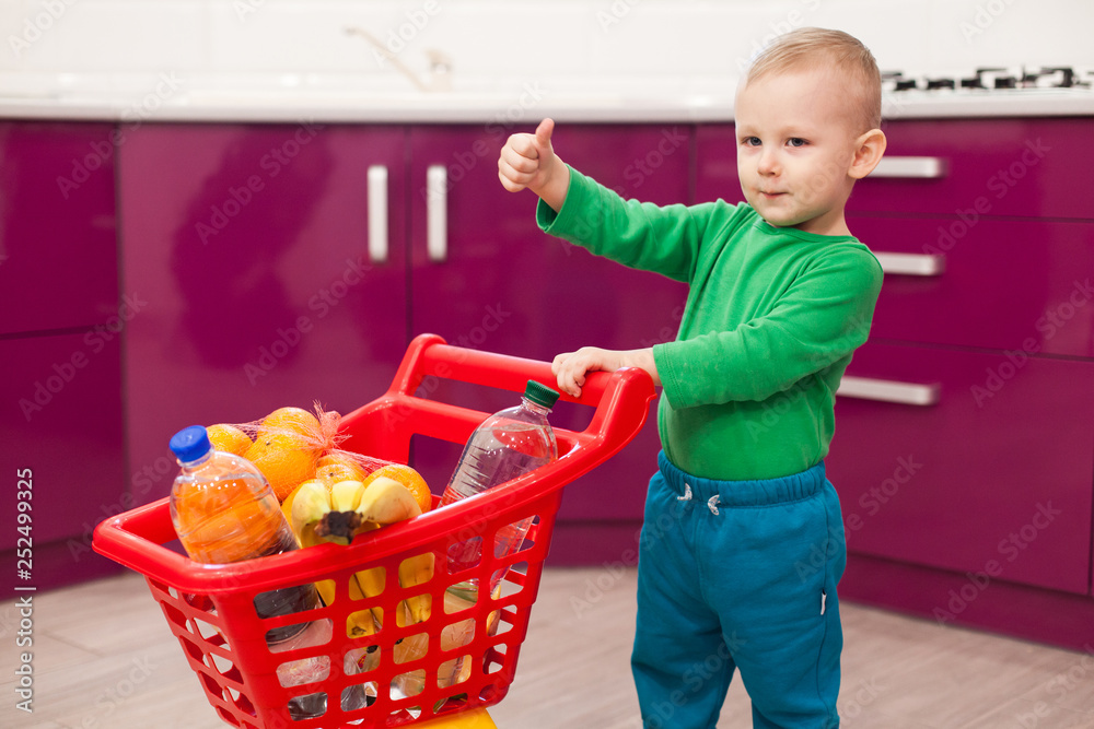 Cheerful little boy with shopping cart. Little kid in casual wear carrying child plastic shopping trolley. Shopping, discount, sale concept Cheerful little boy with shopping cart. Little kid in casual wear carrying child plastic shopping trolley. Shopping, discount, sale concept