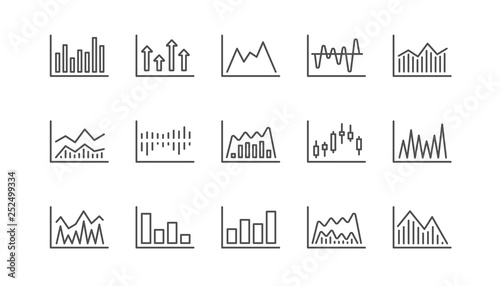 Charts and graphs line icons. Candlestick graph, Infochart and Report diagram. Presentation linear icon set.  Vector
