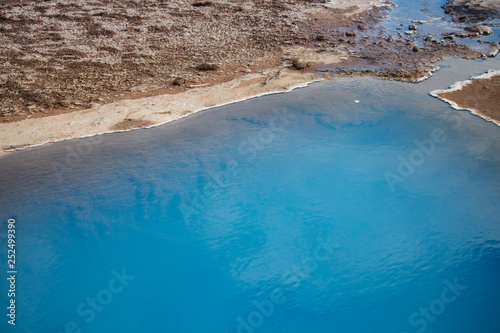 The colorful geyser landscape at the Haukadalur geothermal area at summer season