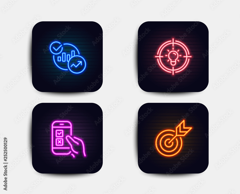 Neon set of Statistics, Idea and Mobile survey icons. Target sign. Report charts, Solution, Phone quiz test. Targeting. Neon icons. Glowing light banners. Vector