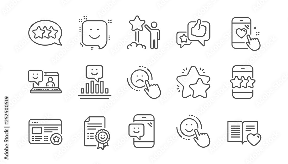 Feedback line icons. User Opinion, Customer service and Star Rating. Customer satisfaction linear icon set. Vector Feedback line icons. User Opinion, Customer service and Star Rating. Customer satisfaction linear icon set. Vector
