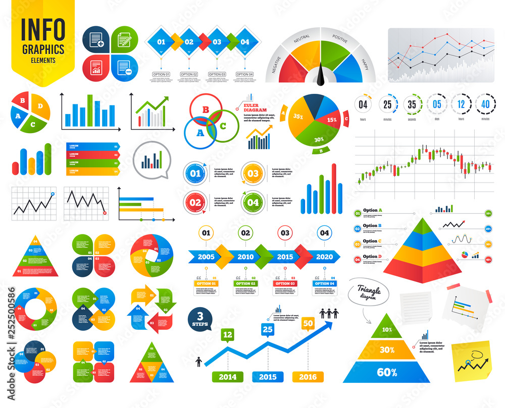 Business infographic template. File document icons. Document with chart or graph symbol. Edit content with pencil sign. Add file. Financial chart. Time counter. Vector