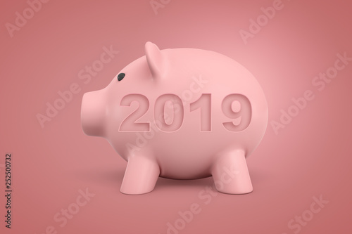 3d rendering of pink piggy bank with a 2019 sign on pink background