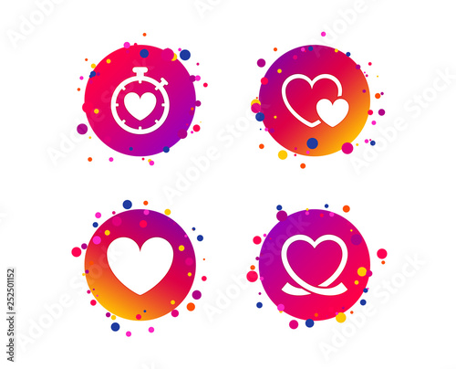 Heart ribbon icon. Timer stopwatch symbol. Love and Heartbeat palpitation signs. Gradient circle buttons with icons. Random dots design. Vector