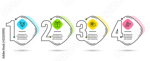 Infographic template 4 options or steps. Set of Gift box, Balloons and World globe icons. Christmas holly sign. Present package, Air balloons, Around the world. Ilex aquifolium. Vector