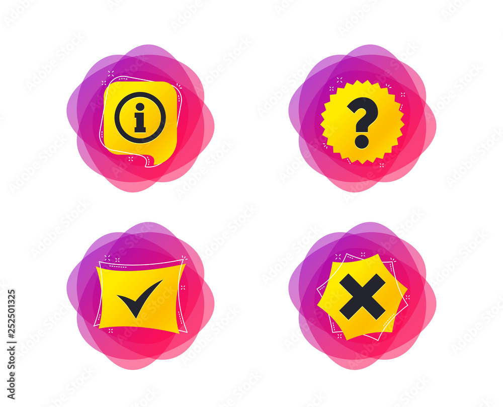 Obraz premium Information icons. Delete and question FAQ mark signs. Approved check mark symbol. Geometric gradient sales shapes. Creative banners. Template for design. Vector