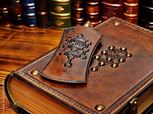 Thick leather book and pen holder lay down to the table with books in the background. The tree of life symbol are on both items. photo