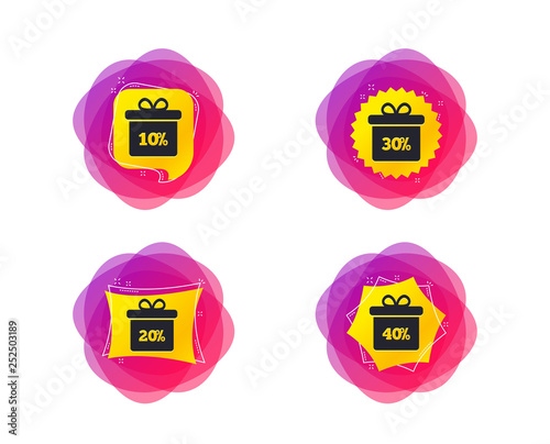 Sale gift box tag icons. Discount special offer symbols. 10%, 20%, 30% and 40% percent discount signs. Geometric gradient sales shapes. Creative banners. Template for design. Vector