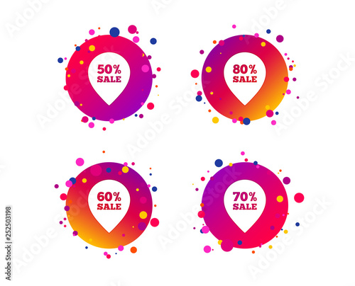 Sale pointer tag icons. Discount special offer symbols. 50%, 60%, 70% and 80% percent sale signs. Gradient circle buttons with icons. Random dots design. Vector