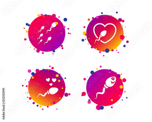 Sperm icons. Fertilization or insemination signs. Safe love heart symbol. Gradient circle buttons with icons. Random dots design. Vector
