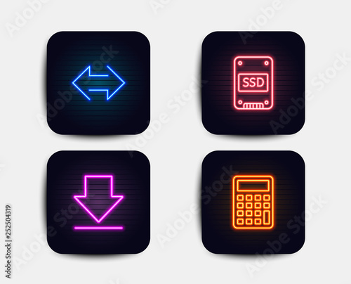 Neon glow lights. Set of Sync, Downloading and Ssd icons. Calculator sign. Synchronize, Load information, Solid-state drive. Accounting device.  Neon icons. Glowing light banners. Vector