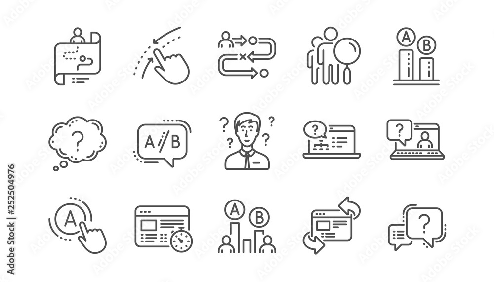 UX line icons. AB testing, Journey path map and Question mark. Quiz test linear icon set.  Vector