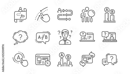 UX line icons. AB testing, Journey path map and Question mark. Quiz test linear icon set.  Vector