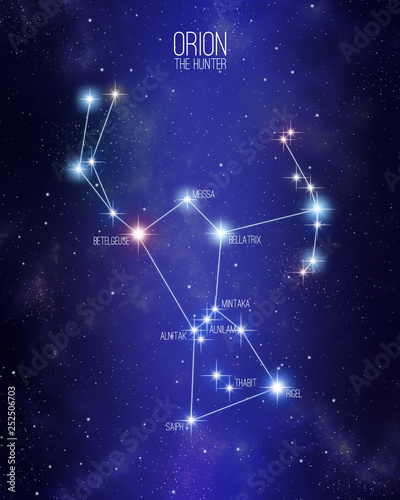 Orion the hunter constellation on a starry space background with the name of its main stars. Relative sizes and different color shades based on the spectral star type. photo