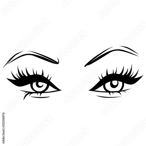 Vector Hand drawn beautiful female eyes with long black eyelashes and brows.