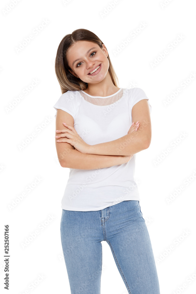 Happy young girl in white t-shirt and jeans Happy young girl in white t-shirt and jeans