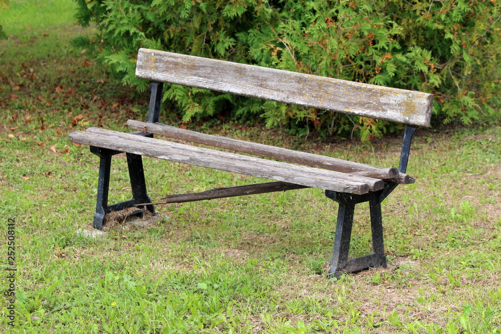 Broken old public bench with dilapidated wooden boards and strong metal supports surrounded with freshly cut grass and dense bush in background on warm sunny day Broken old public bench with dilapidated wooden boards and strong metal supports surrounded with freshly cut grass and dense bush in background on warm sunny day