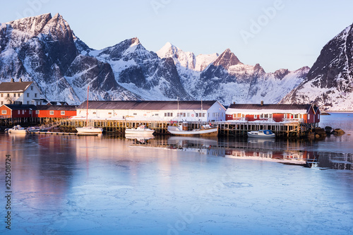 Little fishing village Hamnoy and Sakrisoy on Lofoten  Norway  seen during a beautiful sunrise in winter