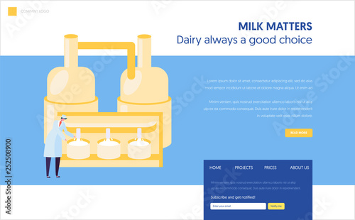 Male Staff Character in Uniform View Milk Pasteurization Process Landing Page. Cheese Food Production Industry Concept. Factory Line Website or Web Page. Flat Cartoon Vector Illustration