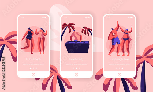 Beach Party Summer Holiday Event Mobile App Page Onboard Screen Set. Tropical Club Dj play Music for Hot People Outdoor. Character Dance Website or Web Page. Flat Cartoon Vector Illustration